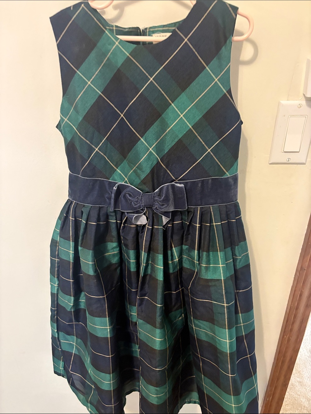 Girls Green and Navy Plaid Velvet Bow Holiday Dress